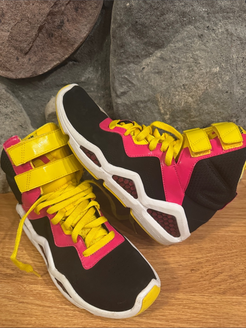 Reebok Hexalite Chi Kaze high-top pink, yellow, & black Velcro strap sneaker